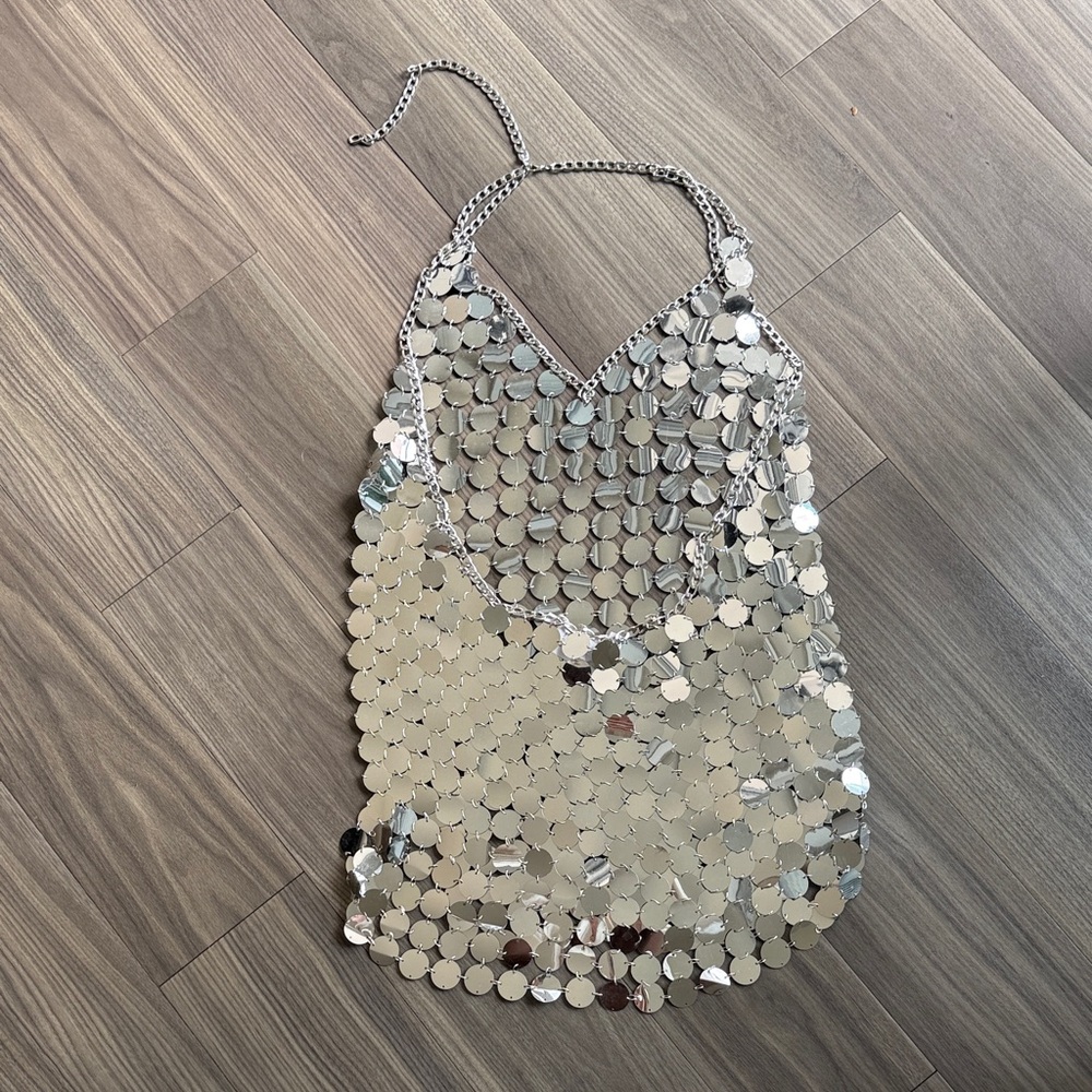12th Tribe Silver Chainmail Disc Mini Dress XS Festival Mirror Dress - Picture 3 of 4